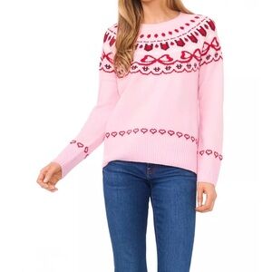 BNWT Cece Bow Fair Isle Raglan Sleeve Sweater Size Small Pink Lady